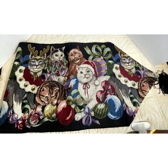 Holiday Cat Tapestry Table Runner With Festive Design & Tassels 27" X 13.5" - Picture 4 of 11
